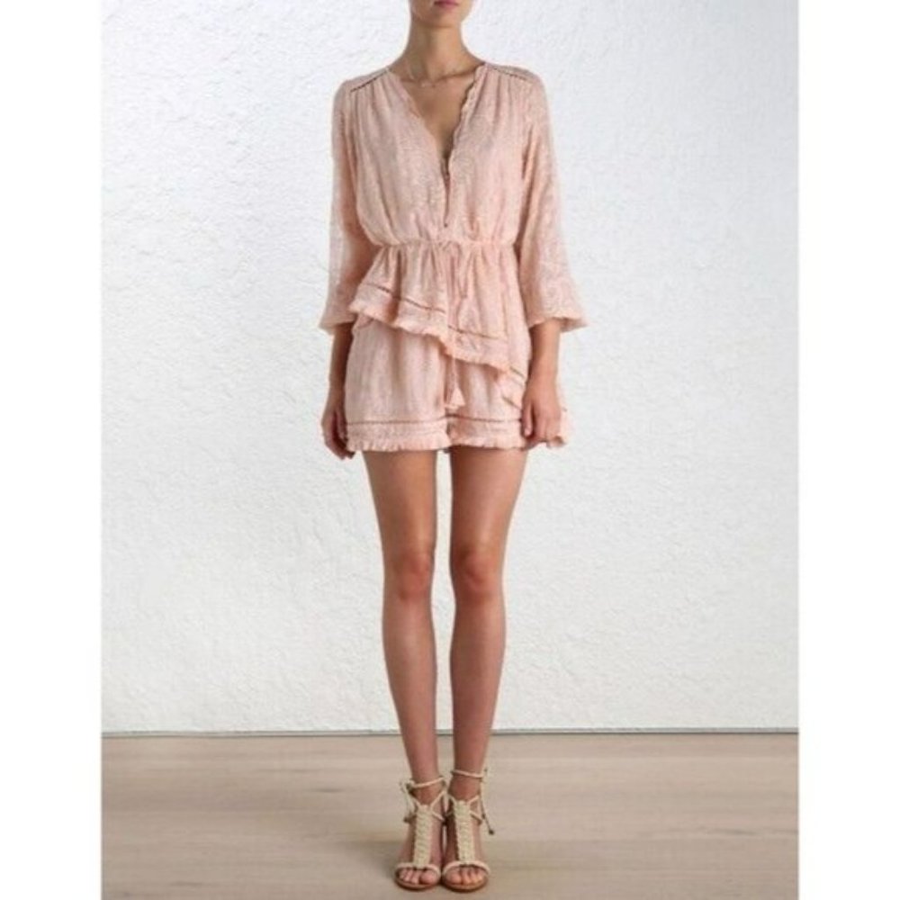 Zimmermann Henna Floating Fringe Silk Playsuit Rose BNWT